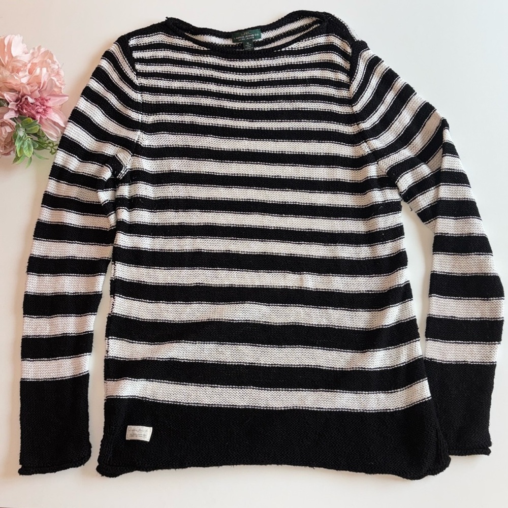 Ralph Lauren Cable-Knit Sweater Black/Pearl Striped XL 90s NYC GIRL